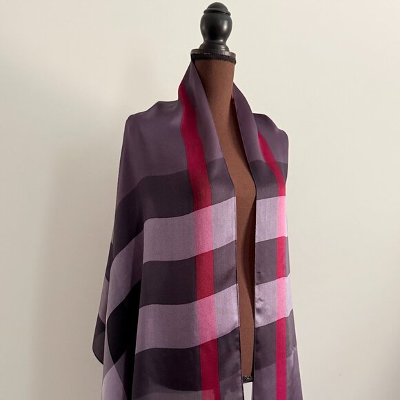Display #1 Burberry Check Print Purple Satin Silk Scarf - Picture 3 of 16